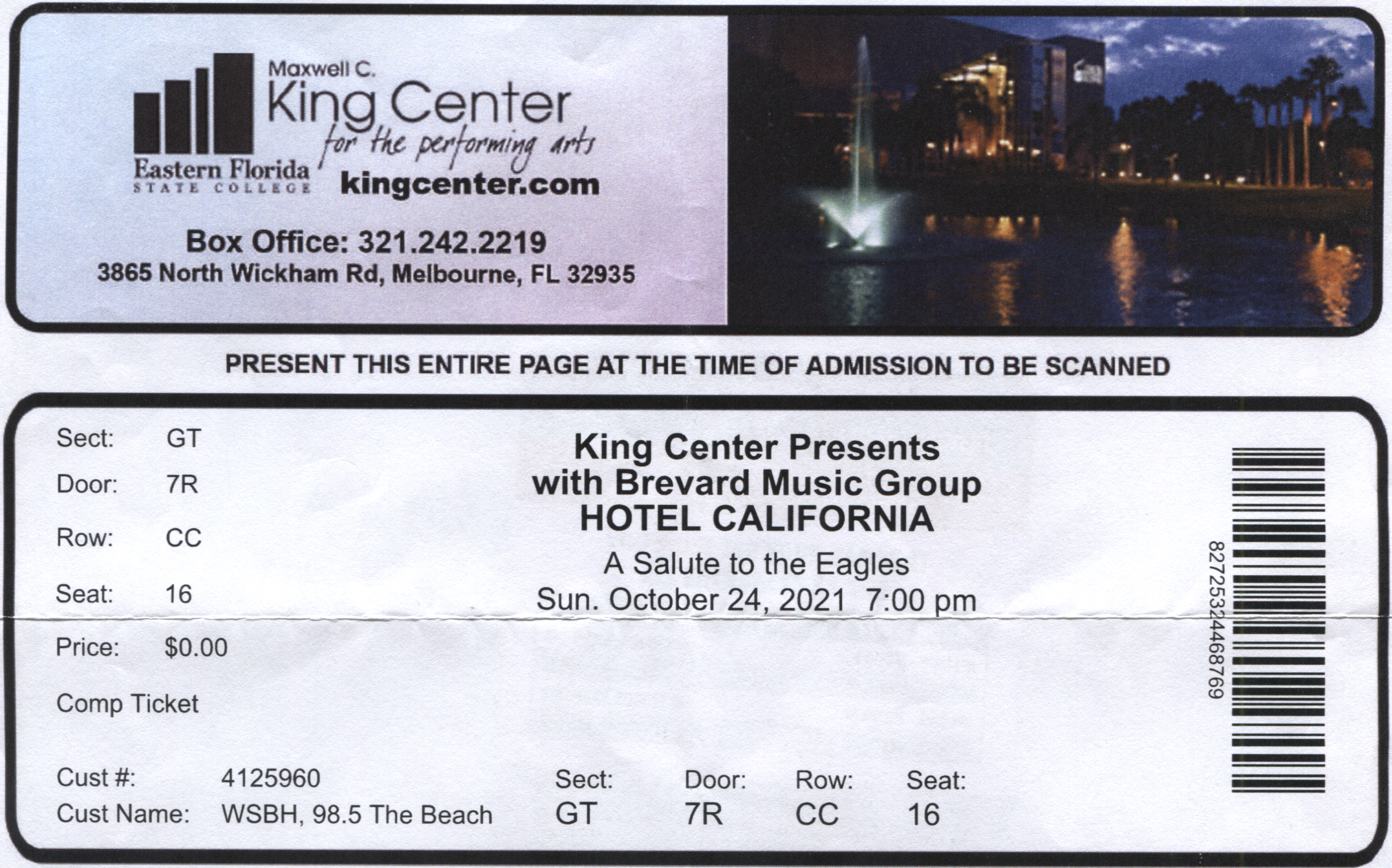 Concert ticket for the Eagles tribute band Hotel California at the King Center, Melbourne Florida on 24 October 2021